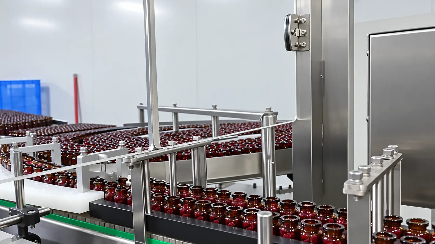 Amber bottle feeding conveyor and stainless rails