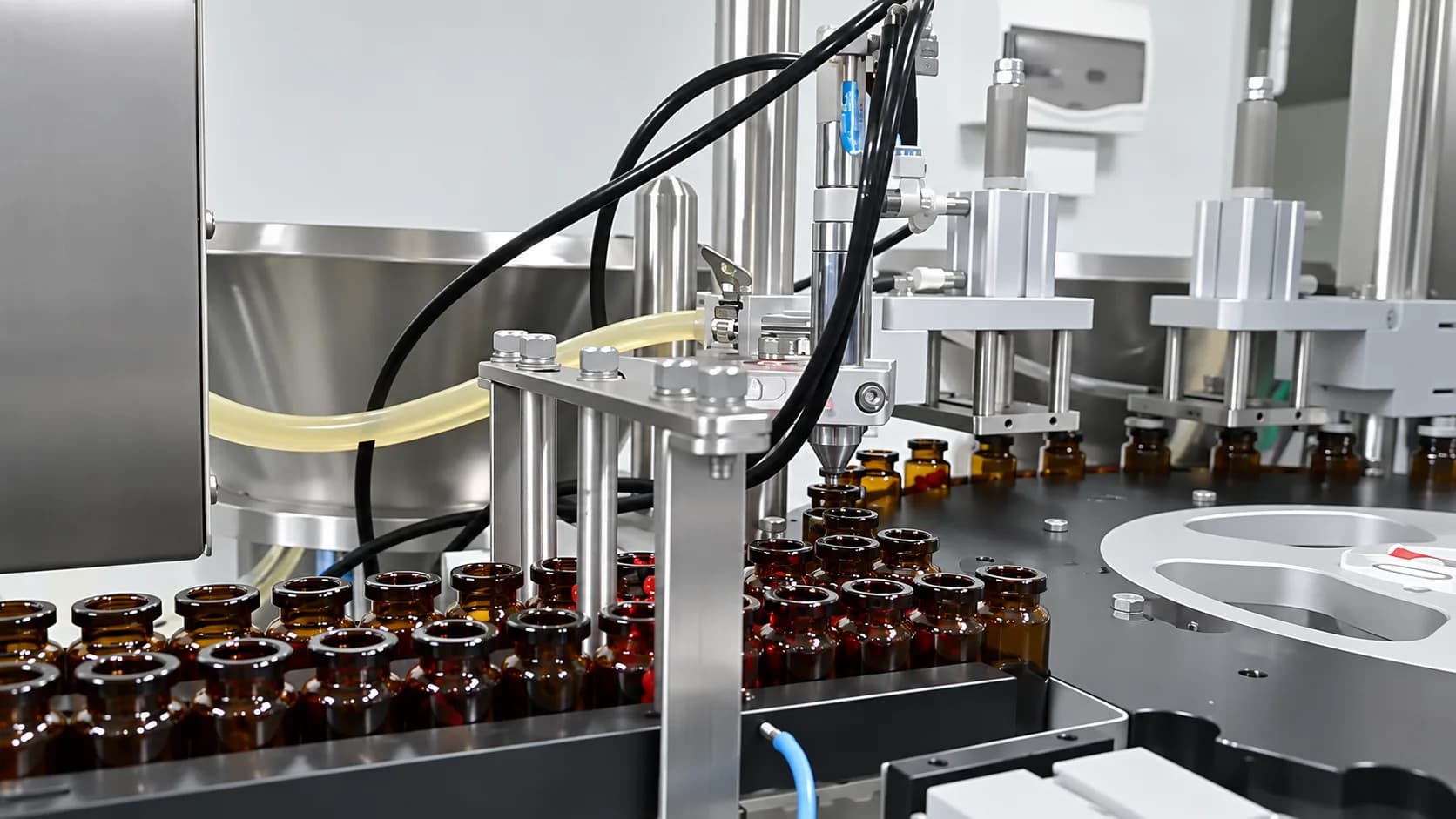 Amber bottles entering a production station