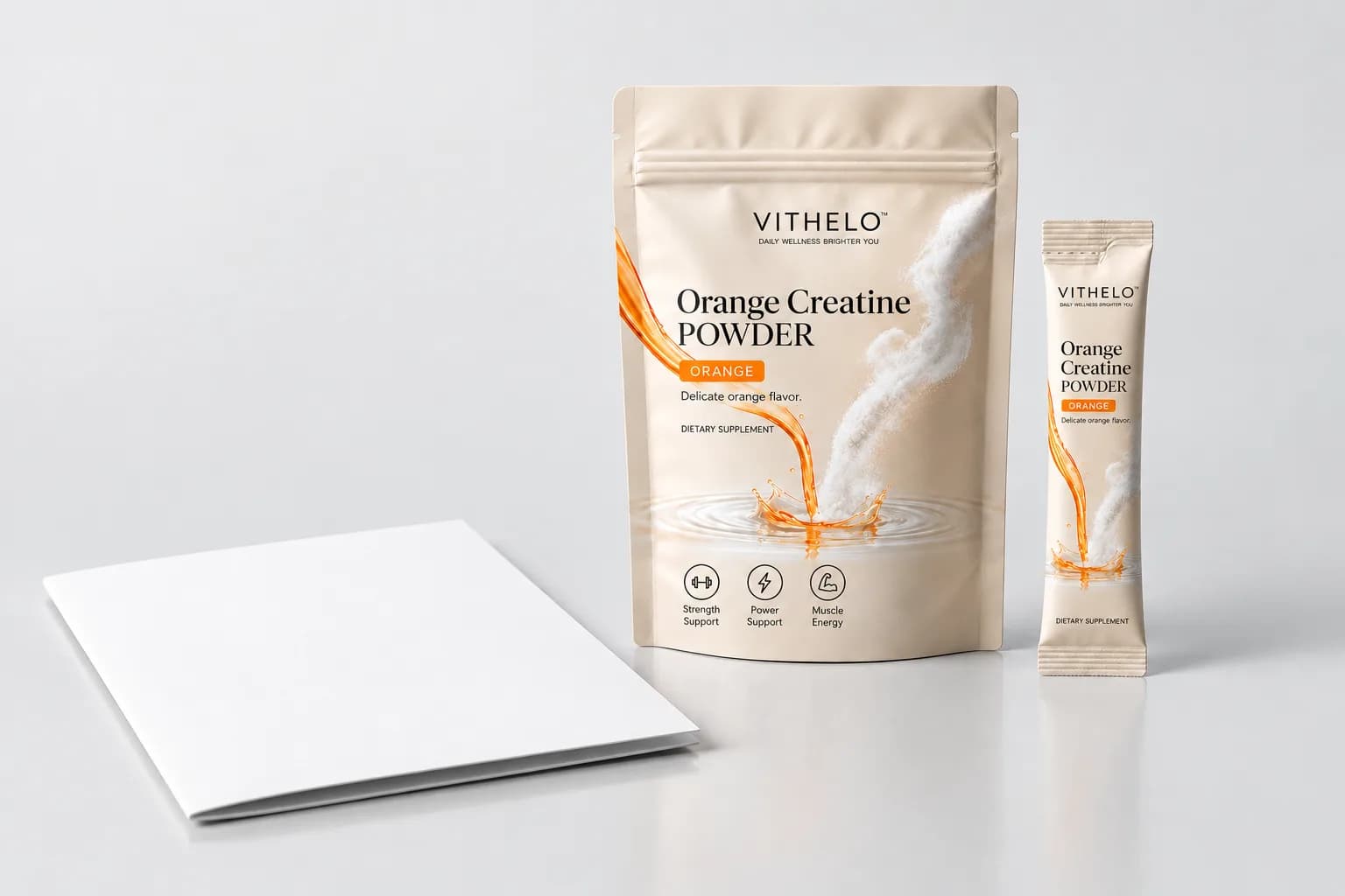 VITHELO powder packaging beside a blank product brief folder