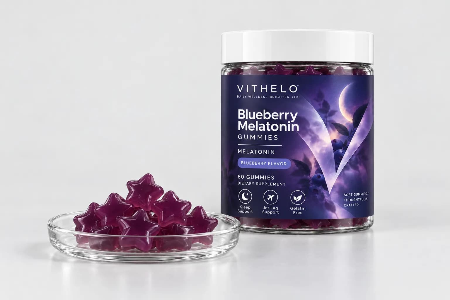 VITHELO blueberry gummy packaging and a sample dish
