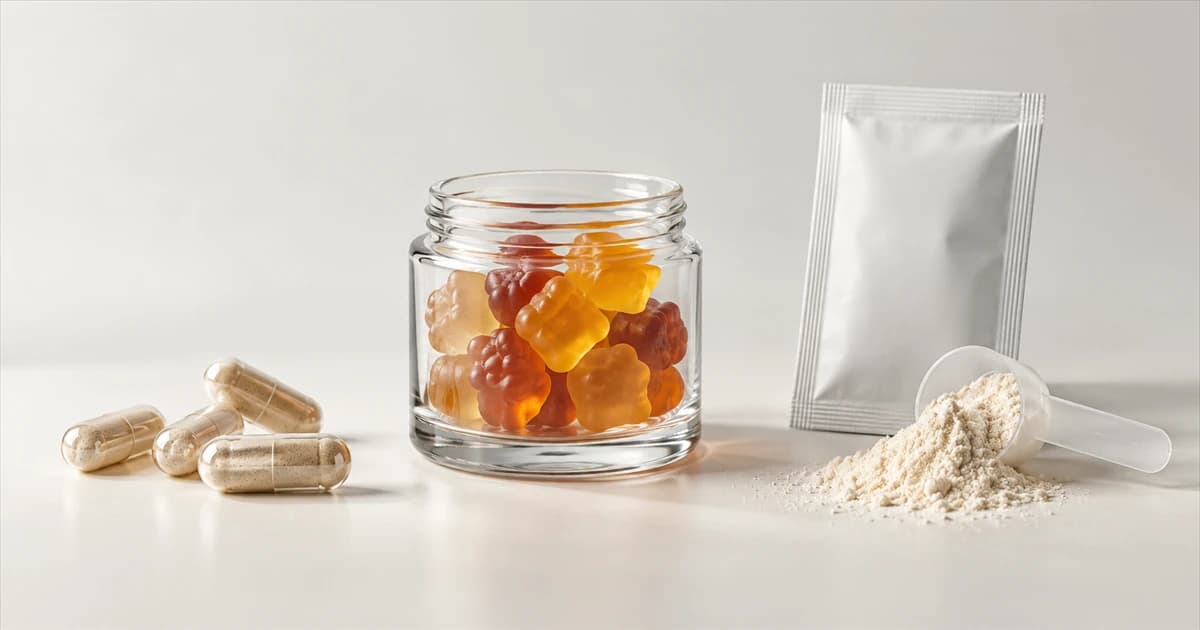 Unbranded capsule, gummy-shaped forms, sachet, and powder measure arranged as supplement format options.