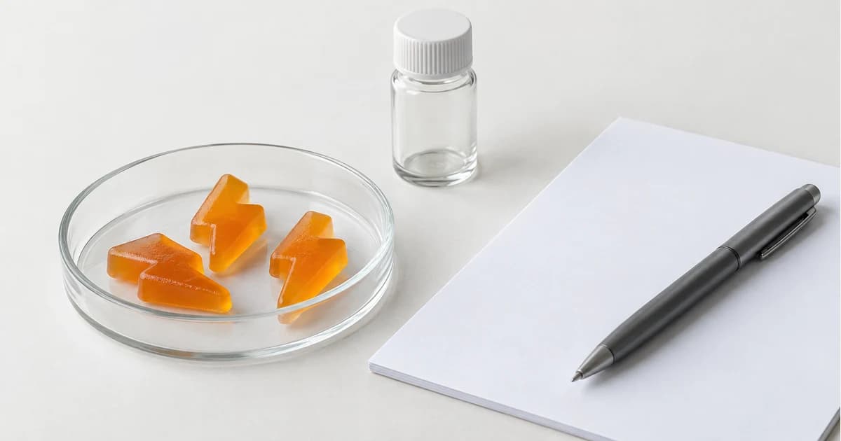 Orange lightning-shaped gummies in a glass dish beside blank paper, a graphite-colored pen and an unlabeled vial on a pale gray surface.