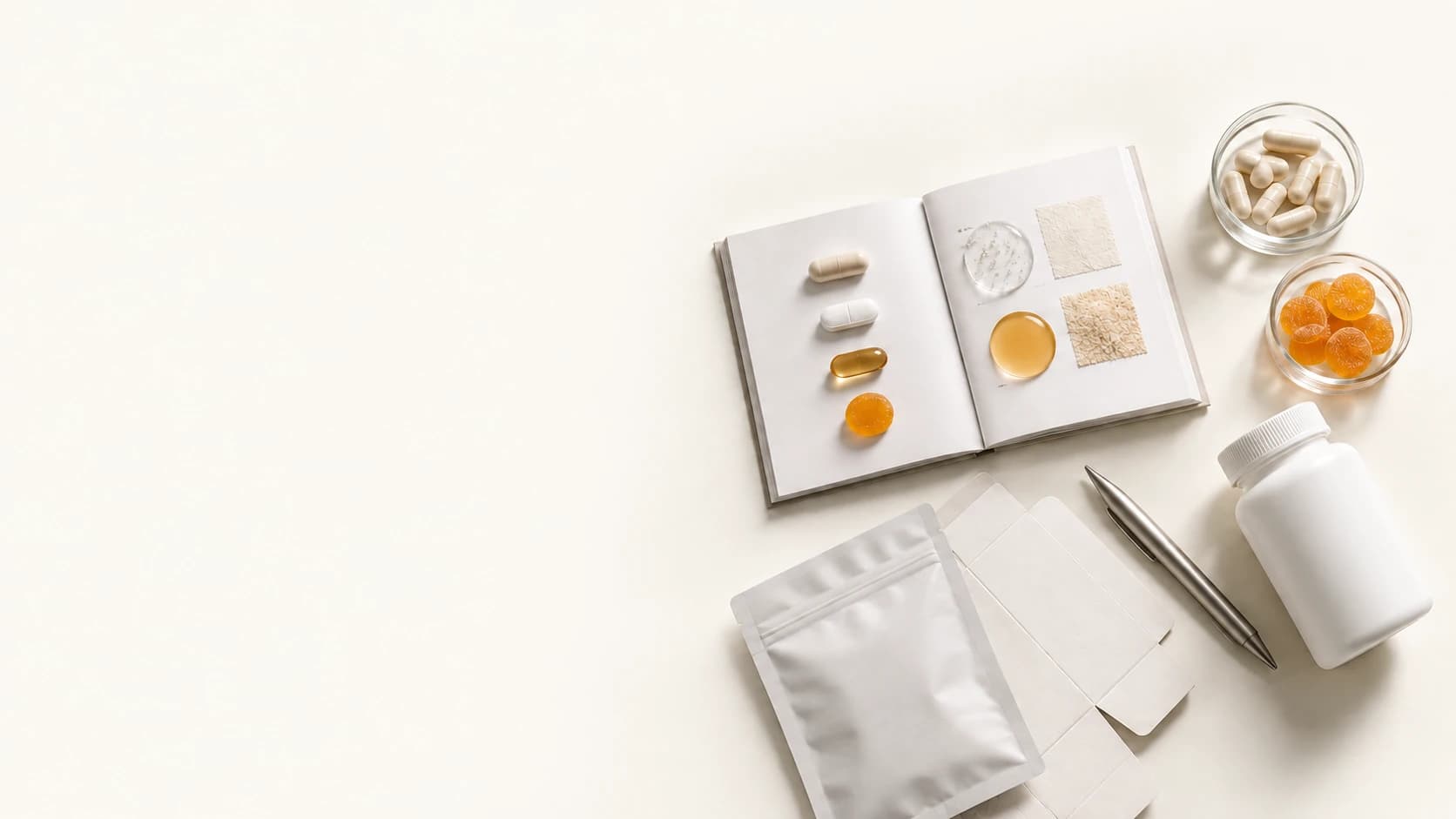 Concept image of unbranded supplement samples and a development brief on a neutral desk.