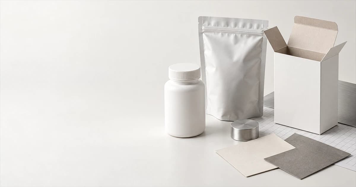 Unbranded bottle, pouch, carton, cap, and material swatches arranged as neutral packaging components.