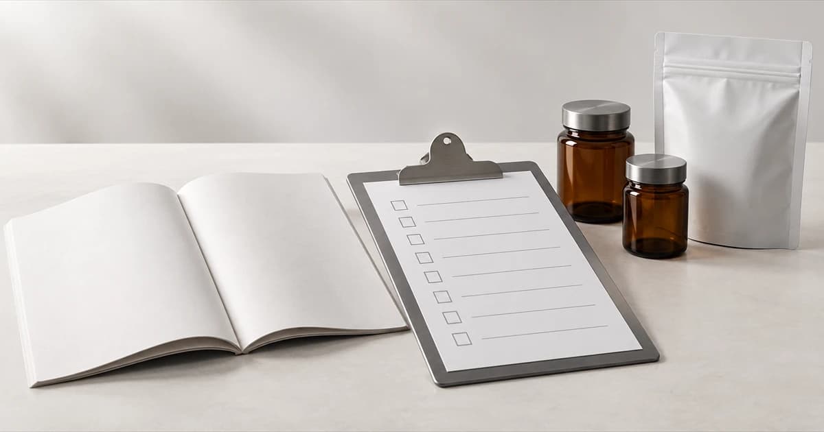 An unbranded project brief, blank checklist, amber sample jars, and plain pouch on a neutral studio table.