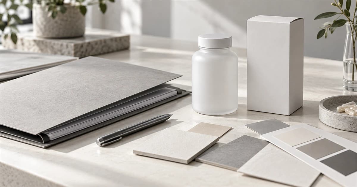 Unbranded planning folder, packaging mockups, and material swatches for an OEM or ODM project brief.