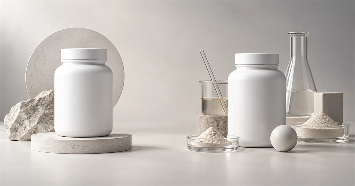 Two unbranded supplement containers with neutral development materials suggesting different project routes.
