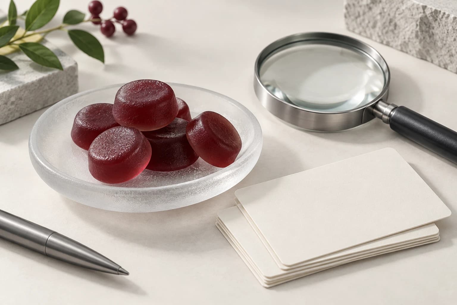 Editorial concept illustration of berry-red disc gummies, a magnifying lens and blank specification cards.