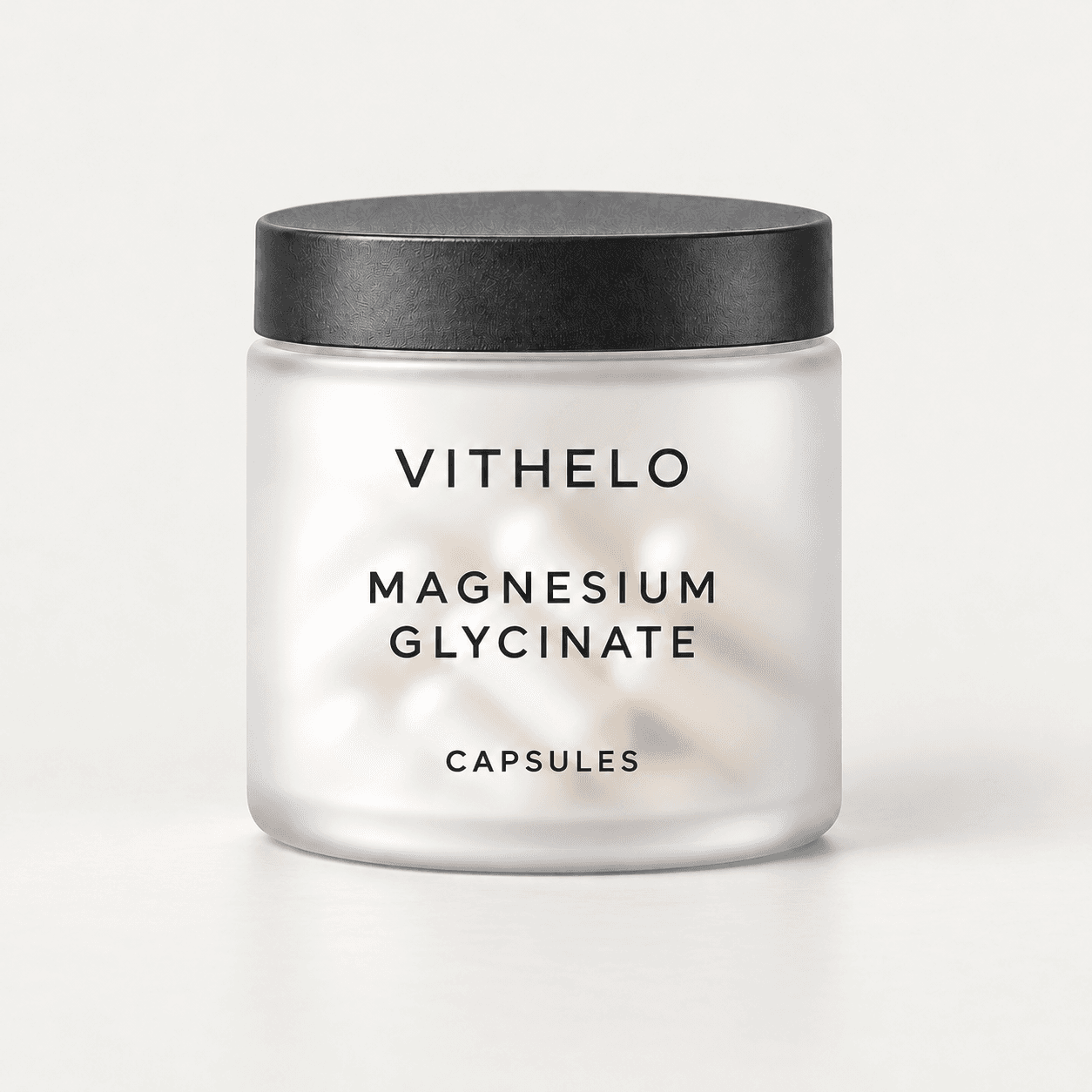 VITHELO magnesium glycinate capsule packaging concept with a dark cap