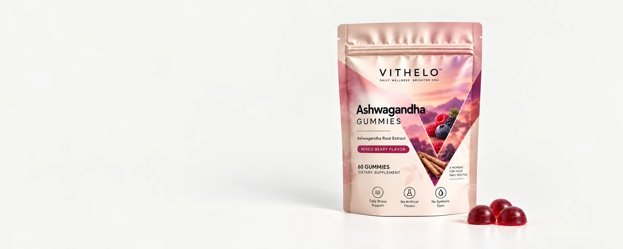VITHELO Ashwagandha Gummies pouch and gummies in a wide pale-gray customization scene.