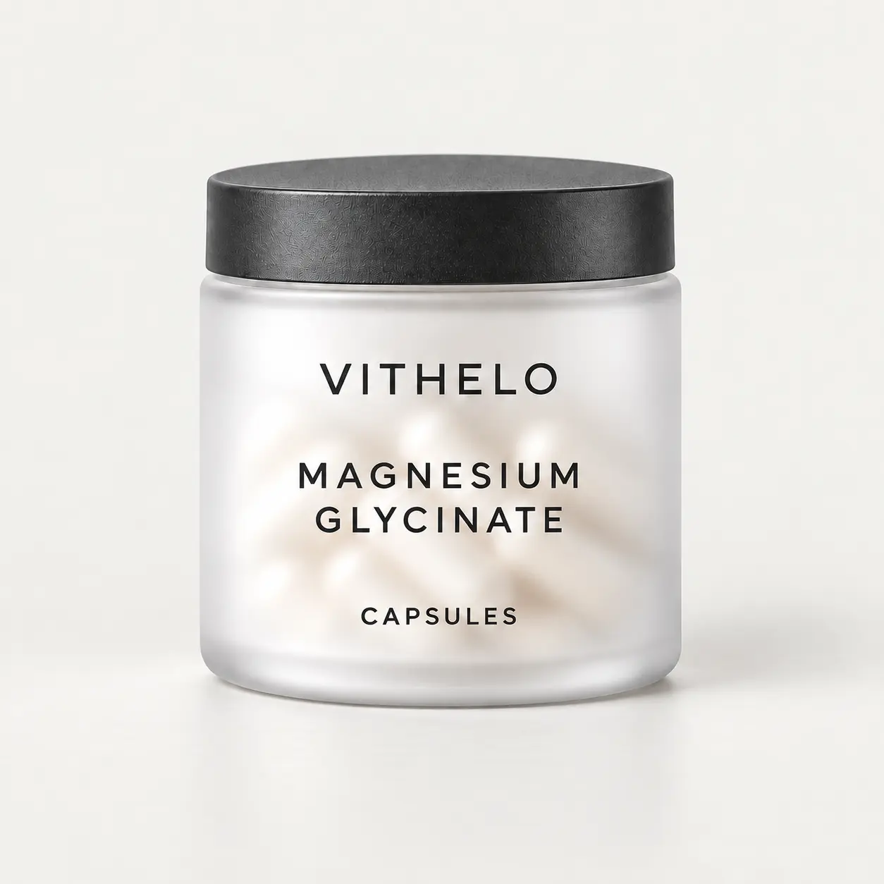 VITHELO Magnesium Glycinate Capsules frosted-white bottle with graphite cap, front packaging view.
