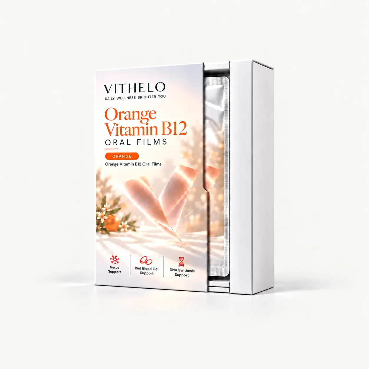 Orange Vitamin B12 Oral Films: product and packaging, individual sachets in a carton