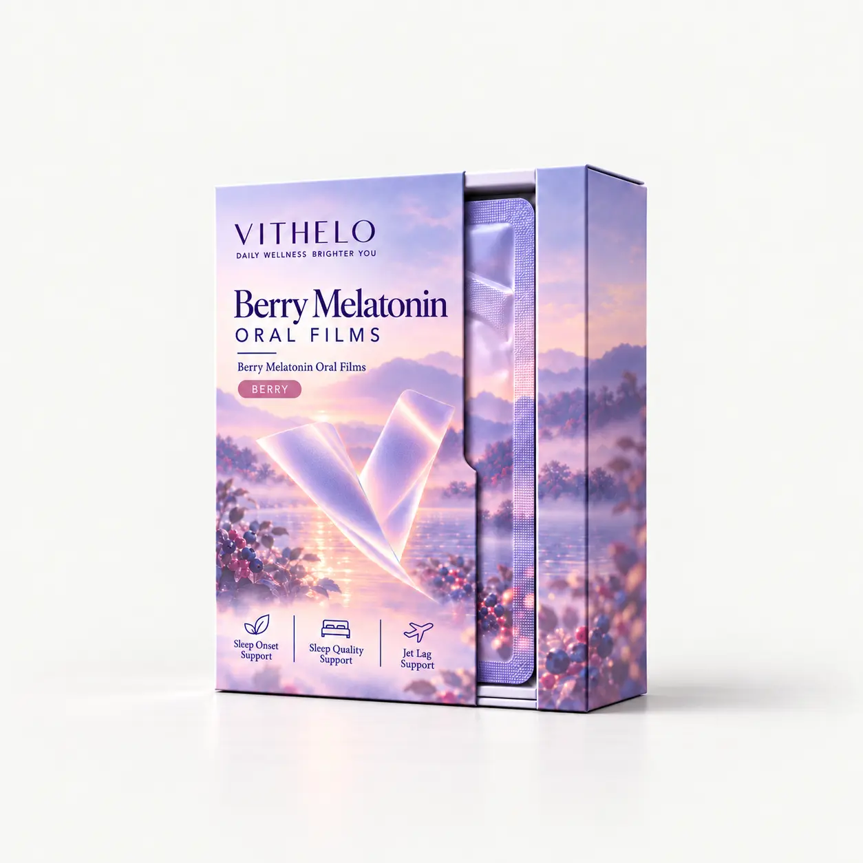 Berry Melatonin Oral Films: product and packaging, individual sachets in a carton
