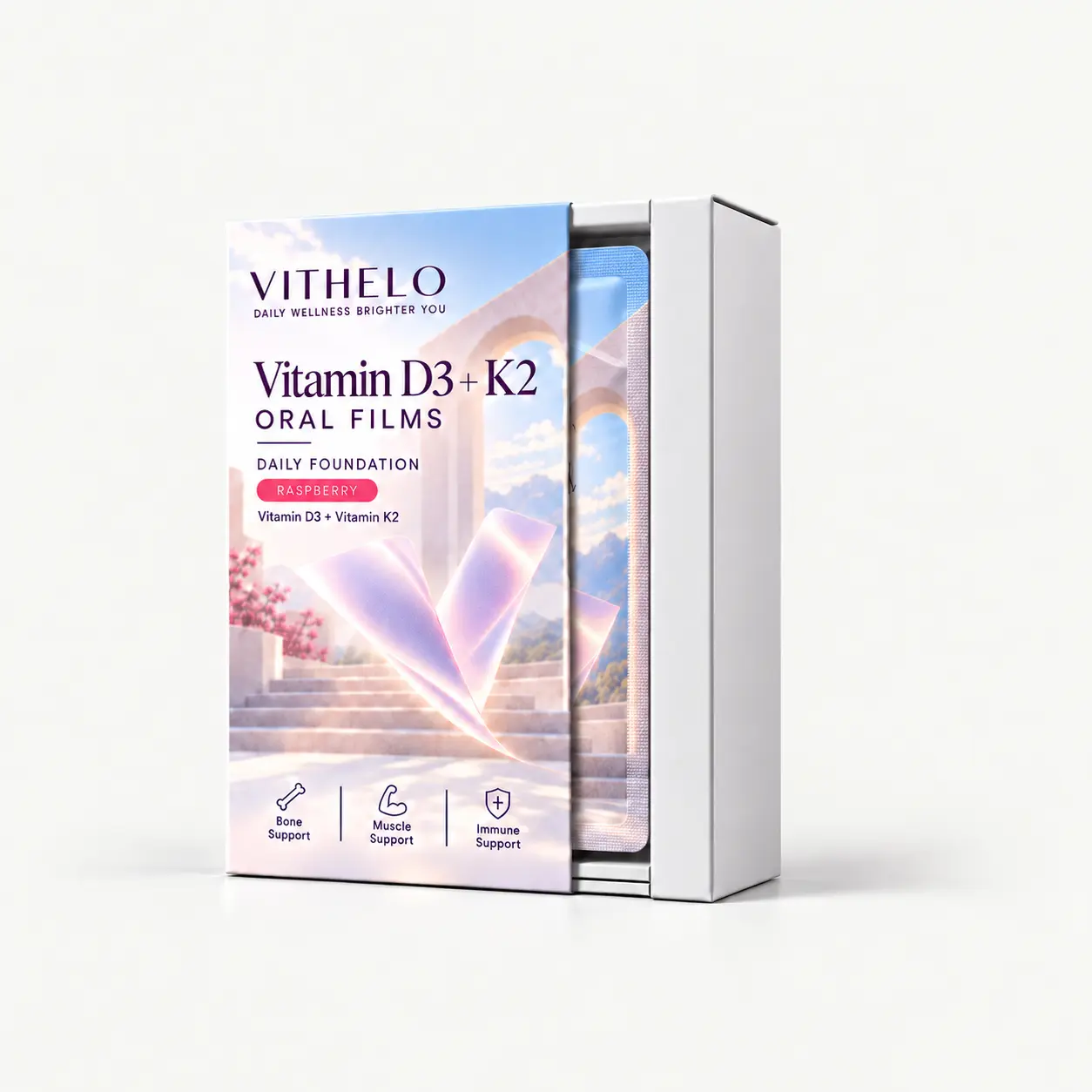 Vitamin D3 + K2 Oral Strips: product and packaging, individual sachets in a carton