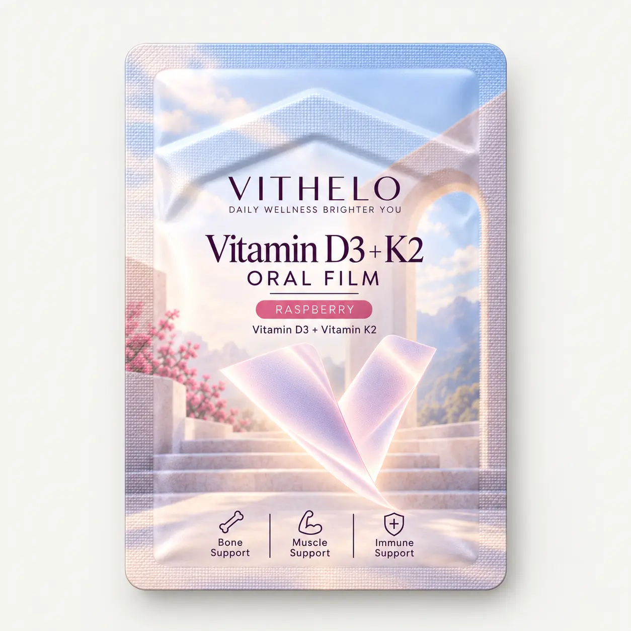 Vitamin D3 + K2 Oral Strips: sealed individual sachet on a light gray studio background