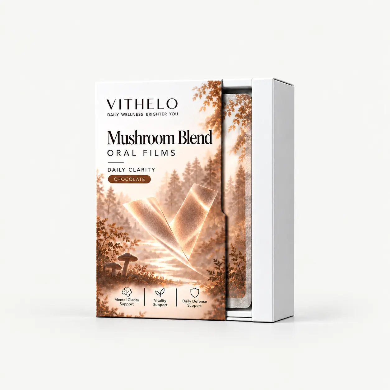 Mushroom Blend Oral Strips: product and packaging, individual sachets in a carton