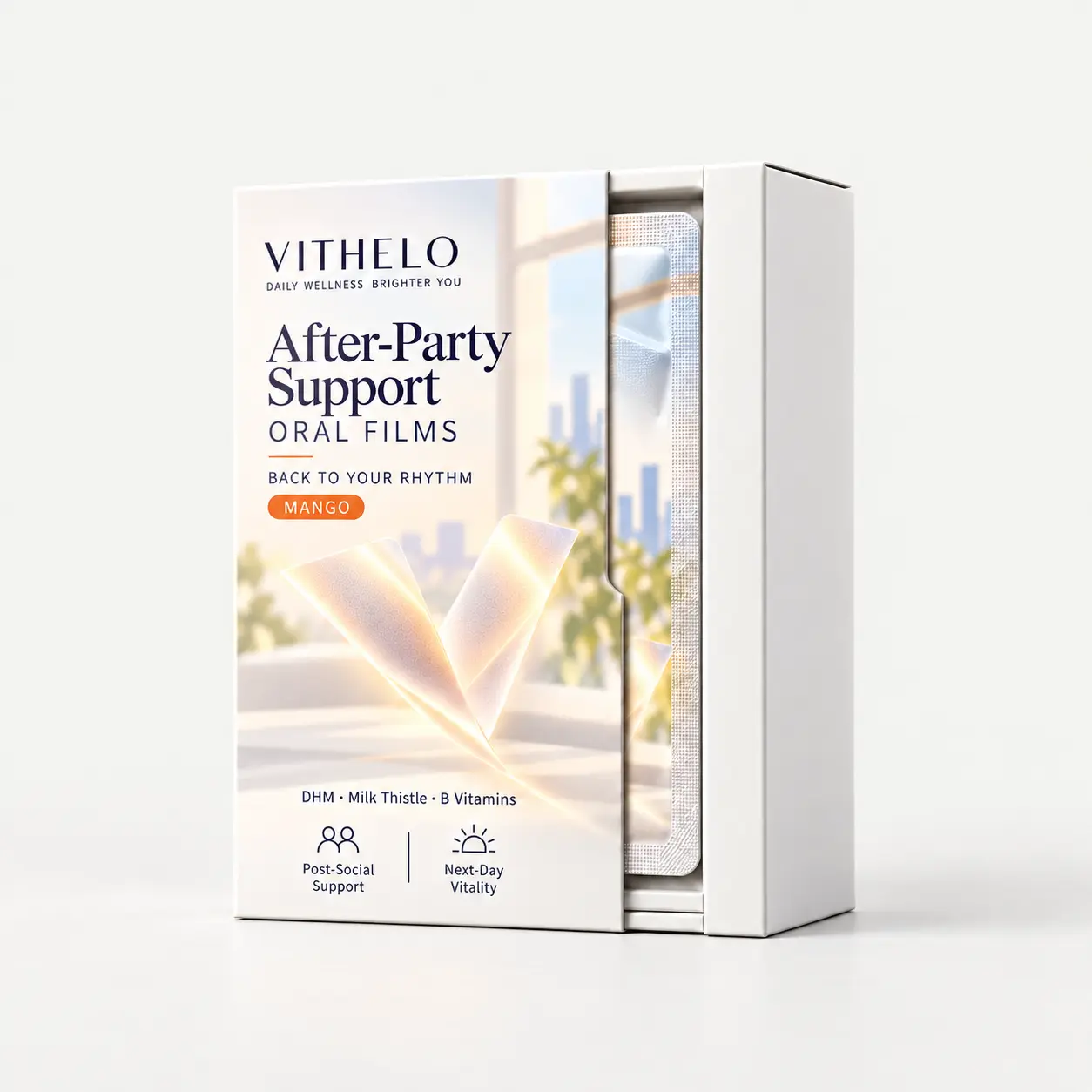 After-Party Support Oral Strips: product and packaging, individual sachets in a carton