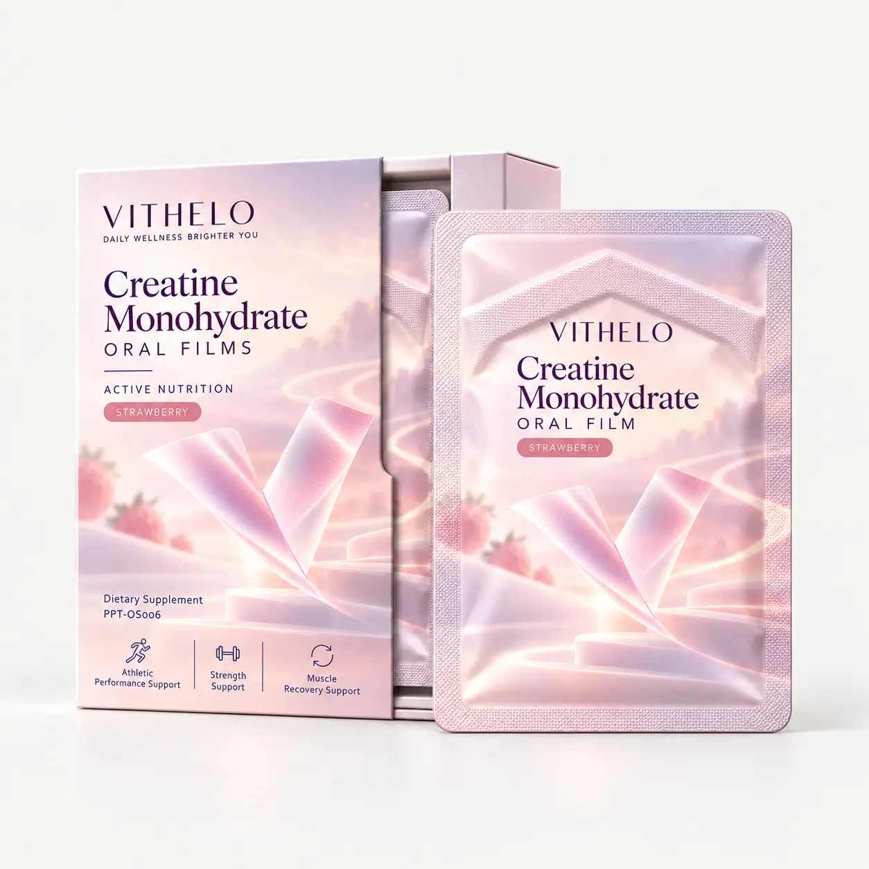 Creatine Monohydrate Oral Strips: complete carton and sealed sachet packaging set on a light gray studio background