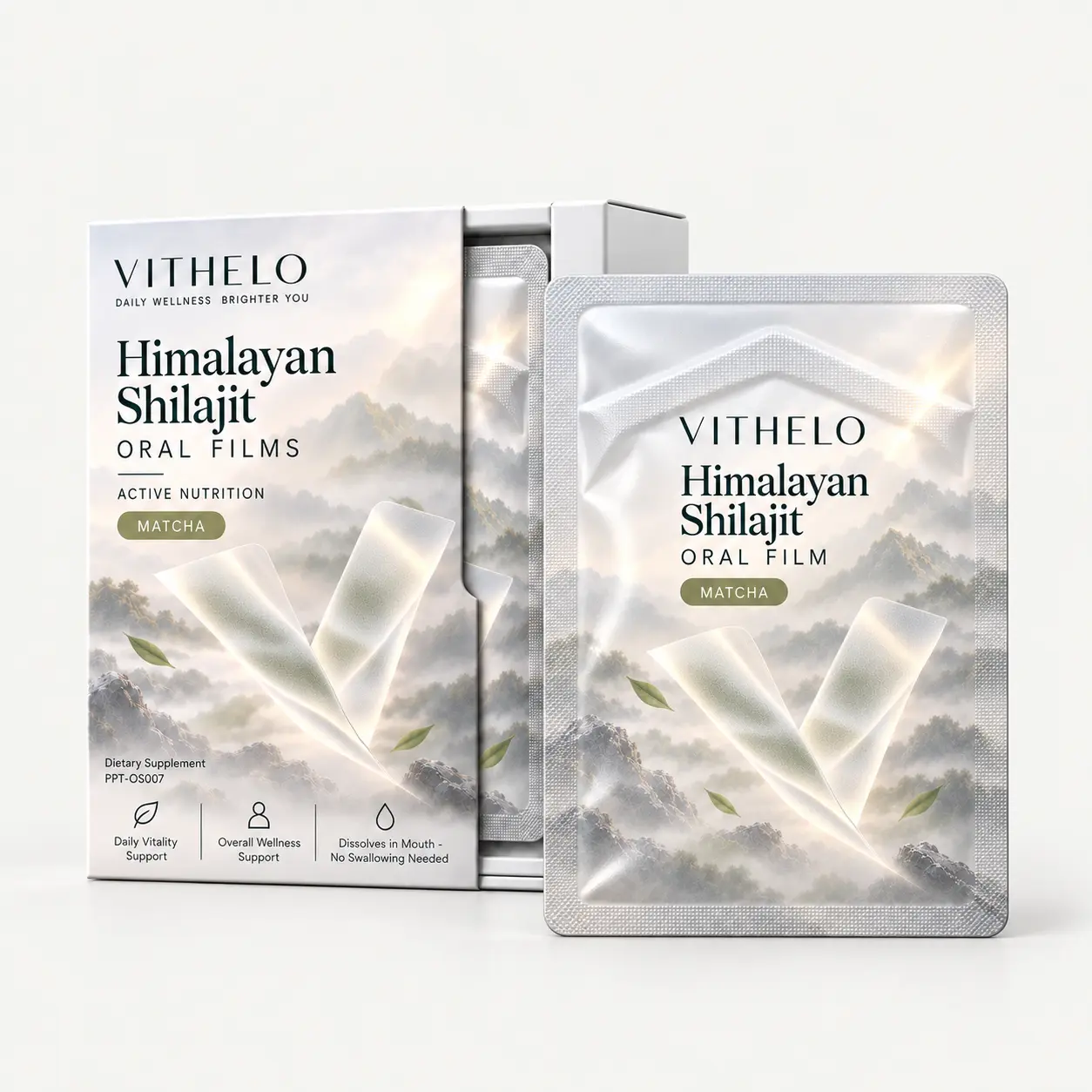 Himalayan Shilajit Oral Strips: complete carton and sealed sachet packaging set on a light gray studio background