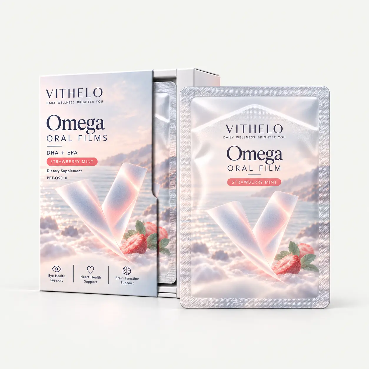 Omega Oral Strips: complete carton and sealed sachet packaging set on a light gray studio background