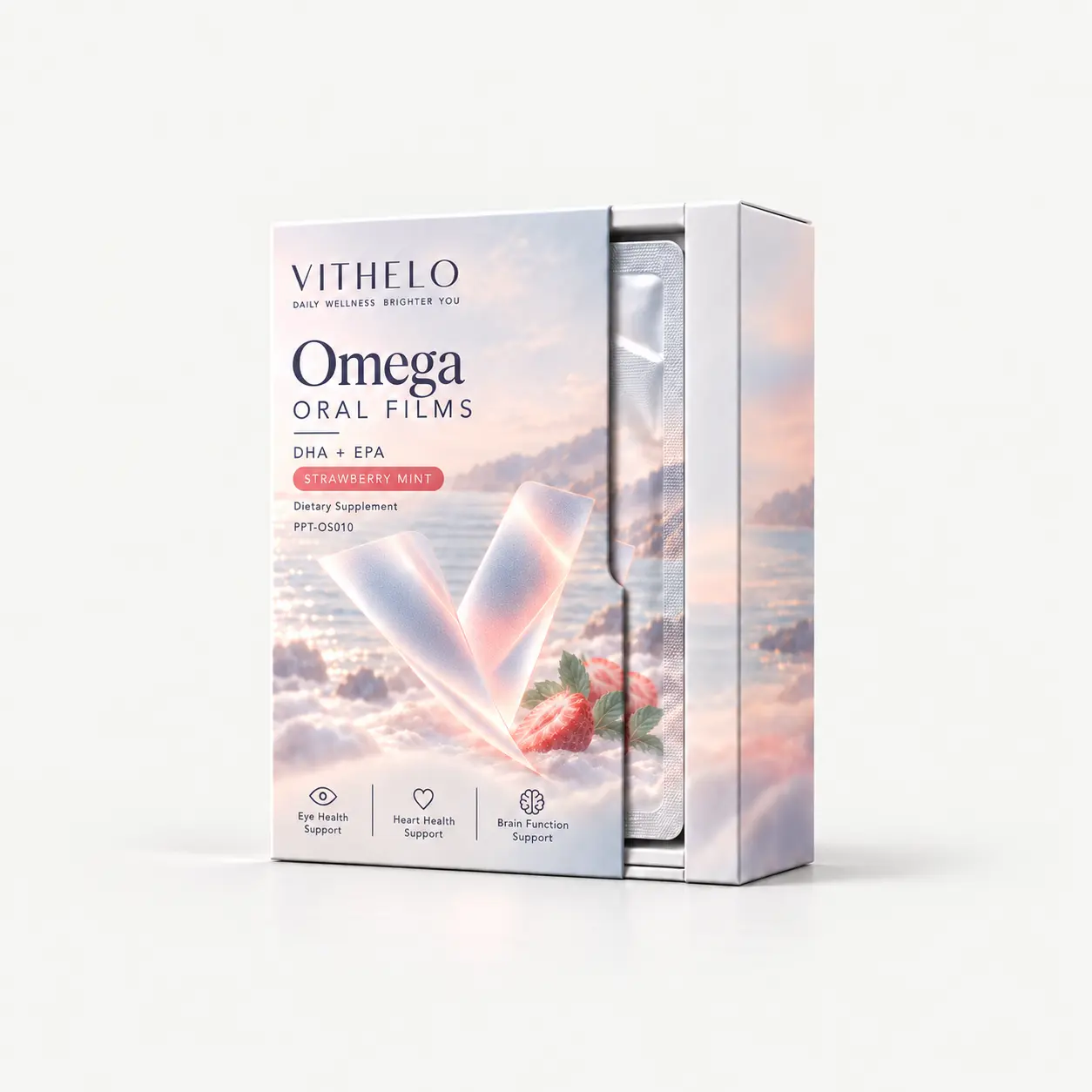 Omega Oral Strips: product and packaging, individual sachets in a carton