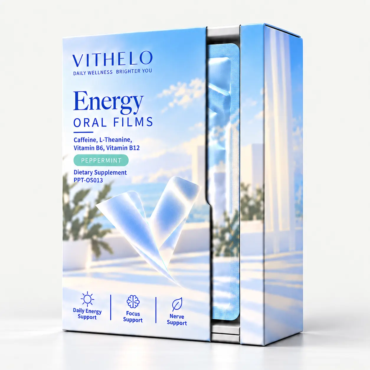 Energy Oral Strips: label closeup on a light gray studio background