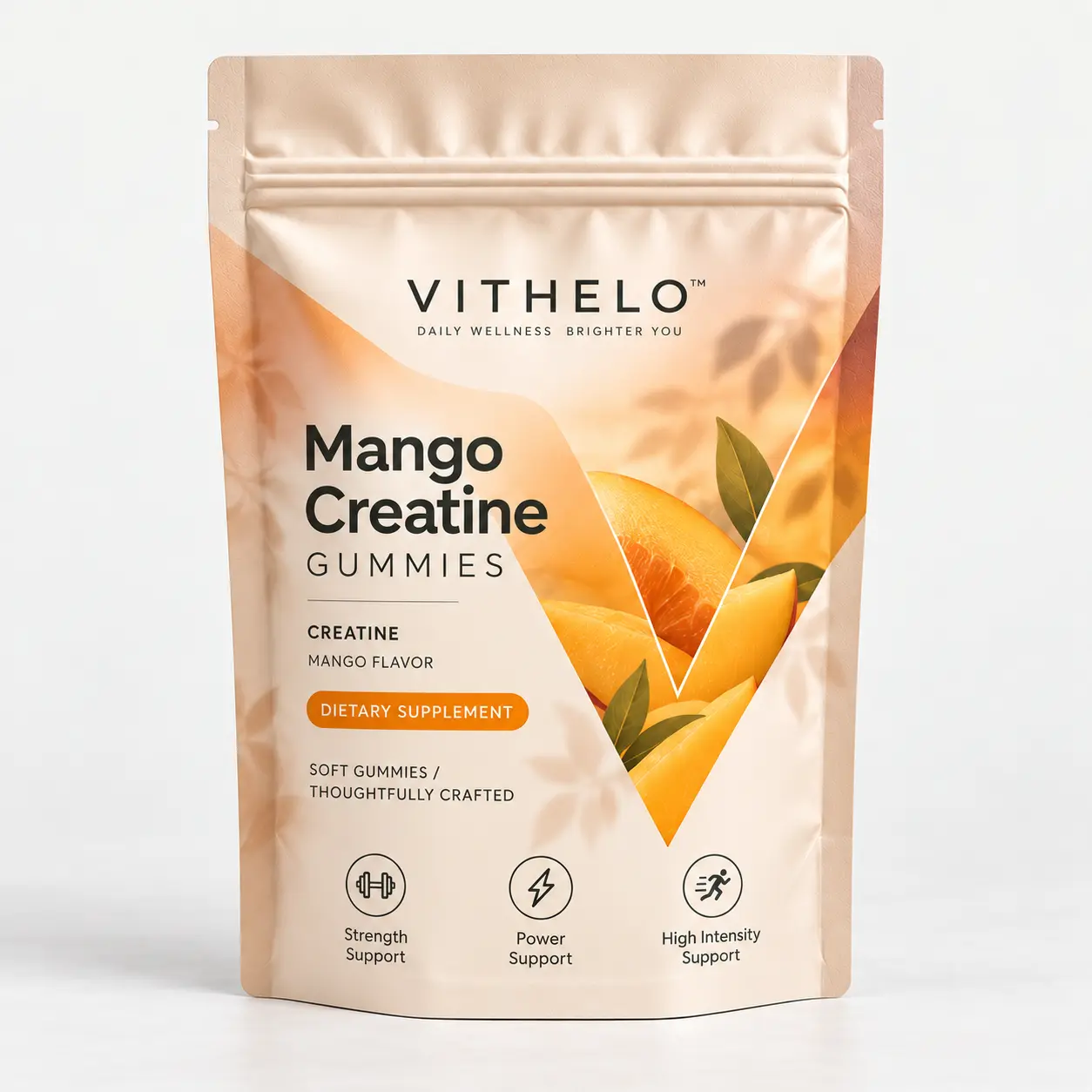 Mango Creatine Gummies: front label and pouch material