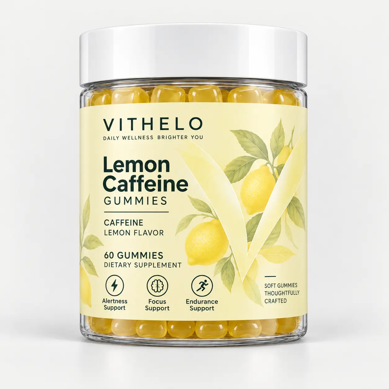 Lemon Caffeine Gummies: front label and bottle material