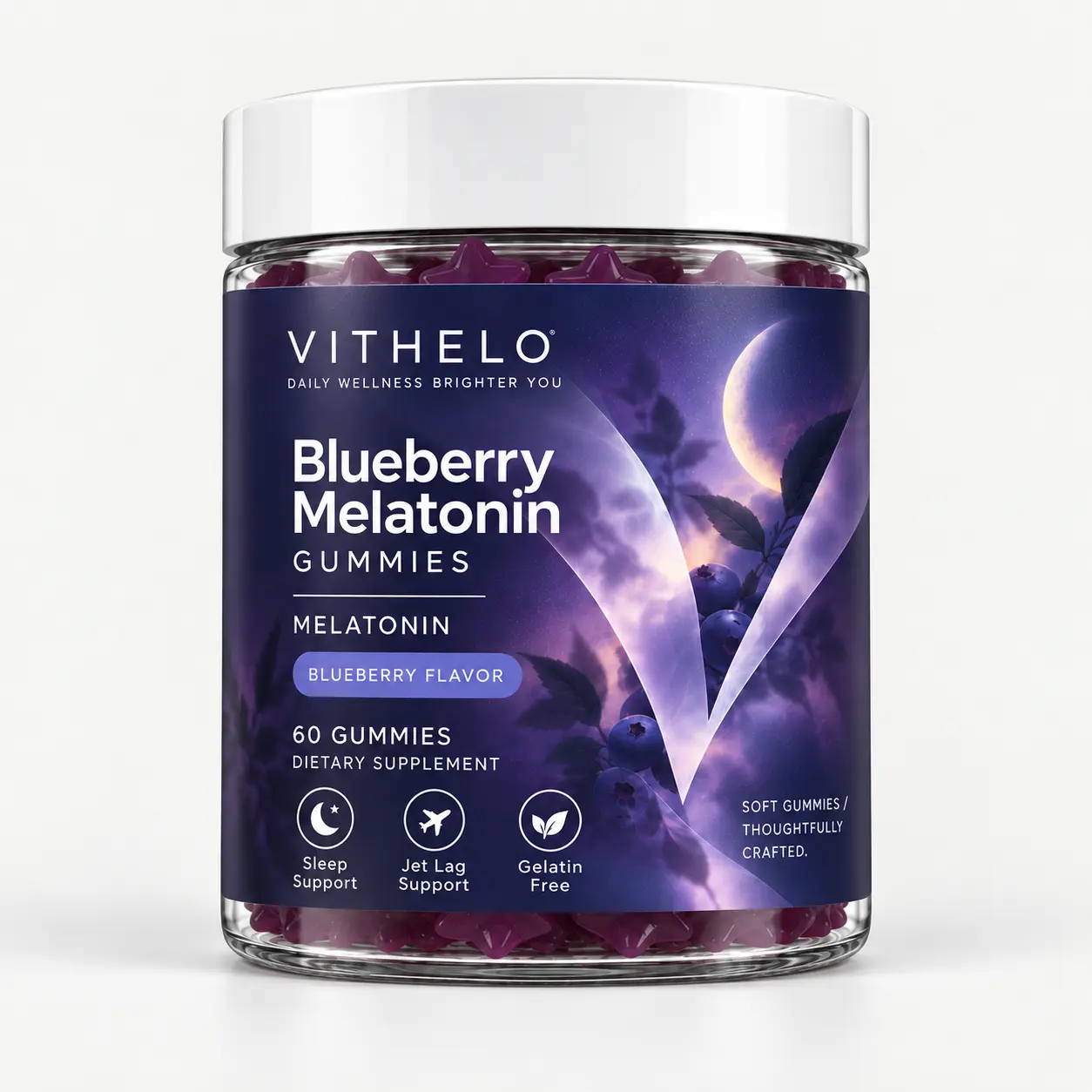 Blueberry Melatonin Gummies: front label and bottle material