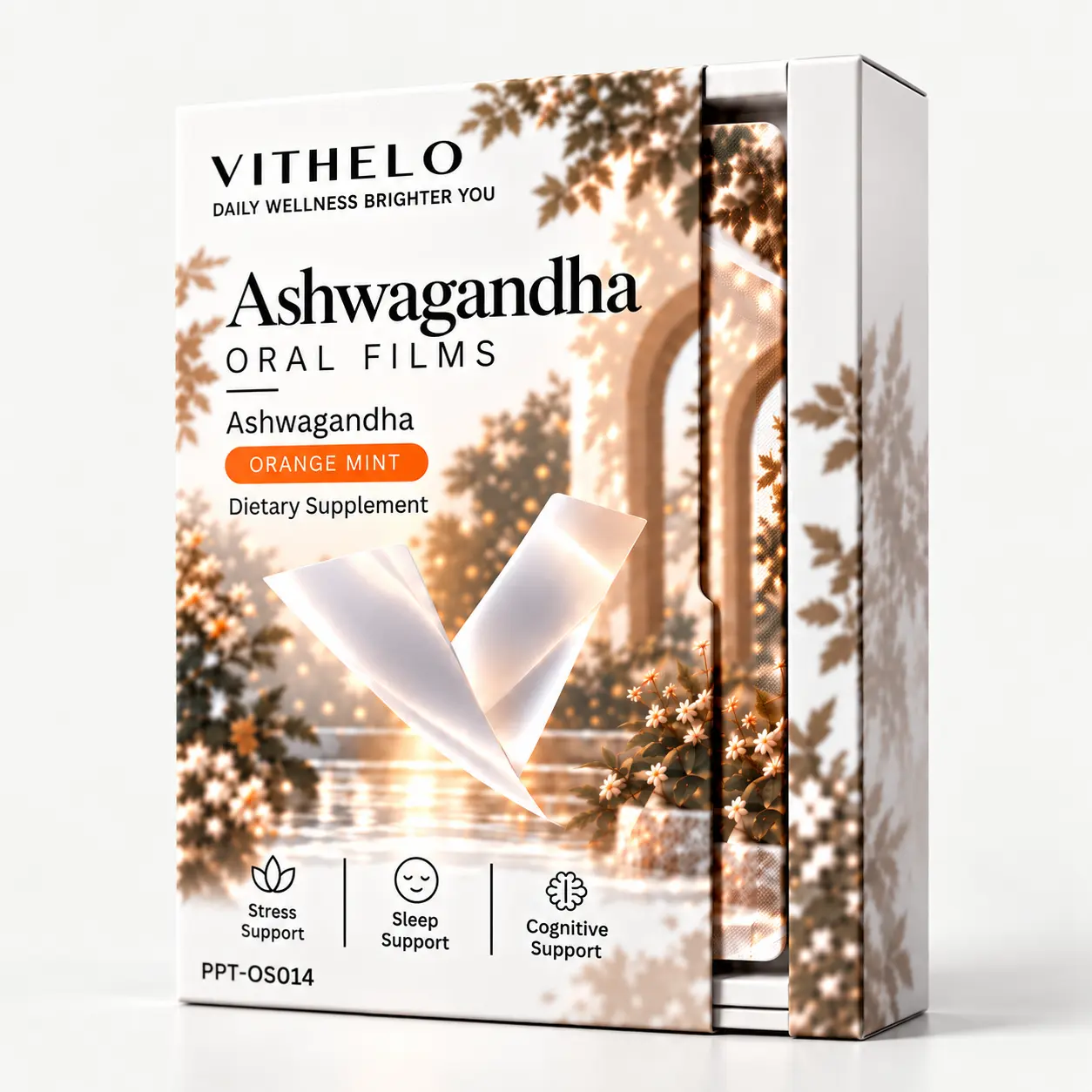 Ashwagandha Oral Strips: label closeup on a light gray studio background