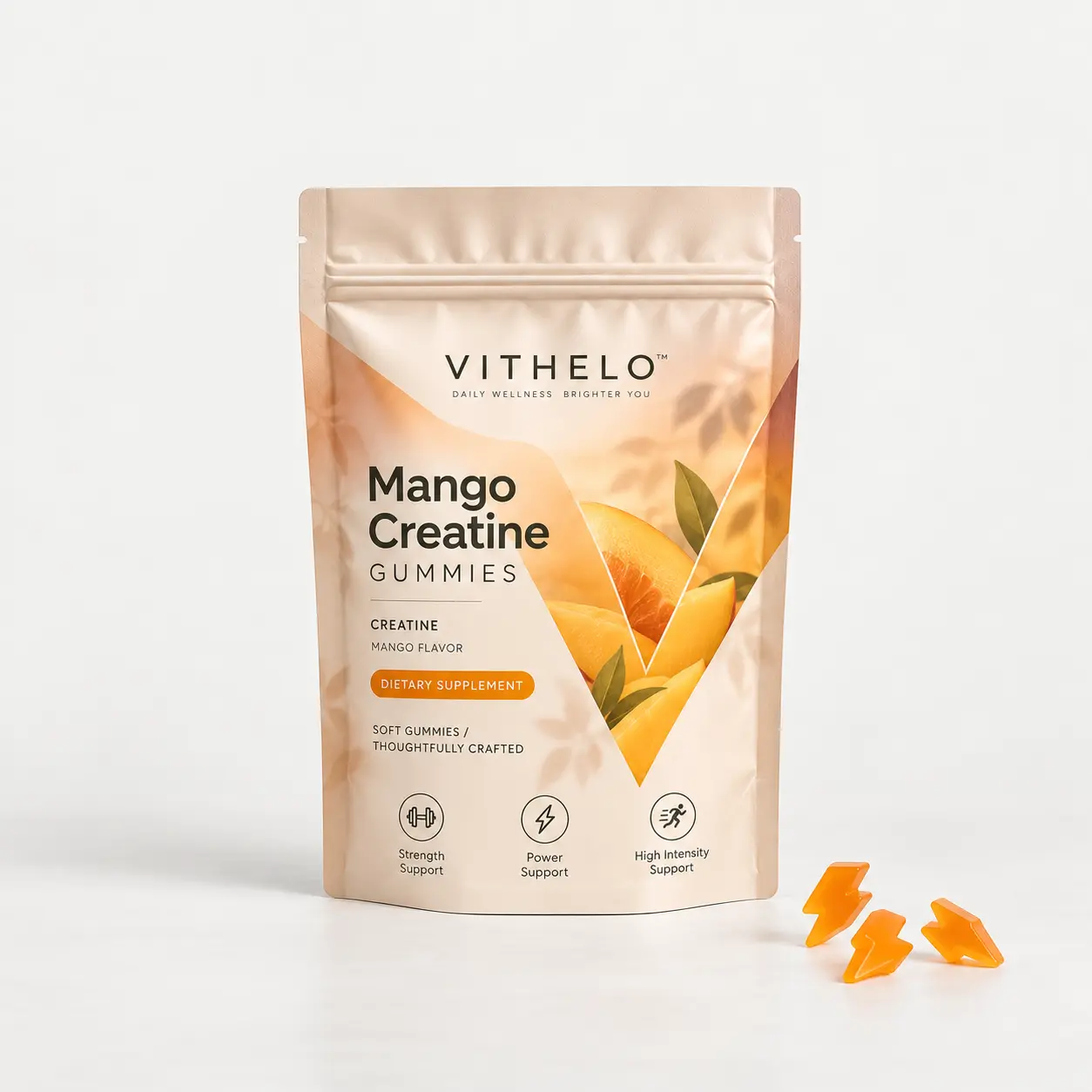 Mango Creatine Gummies: product and packaging, pouch
