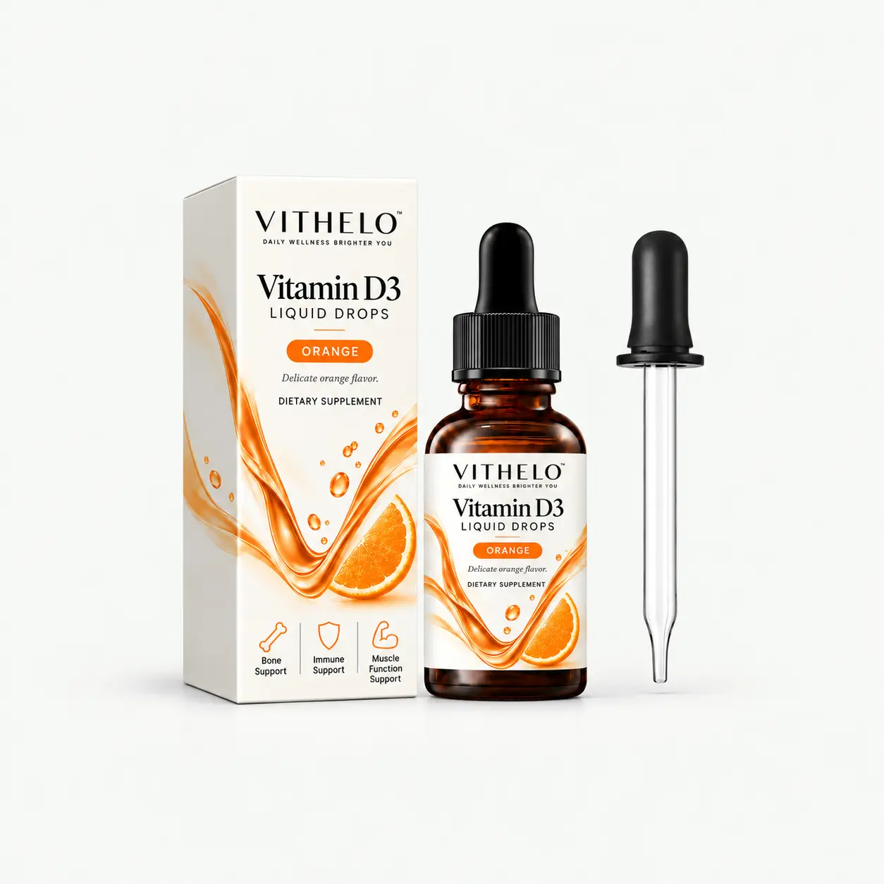 Orange Vitamin D3 Liquid Drops: product and packaging, dropper bottle