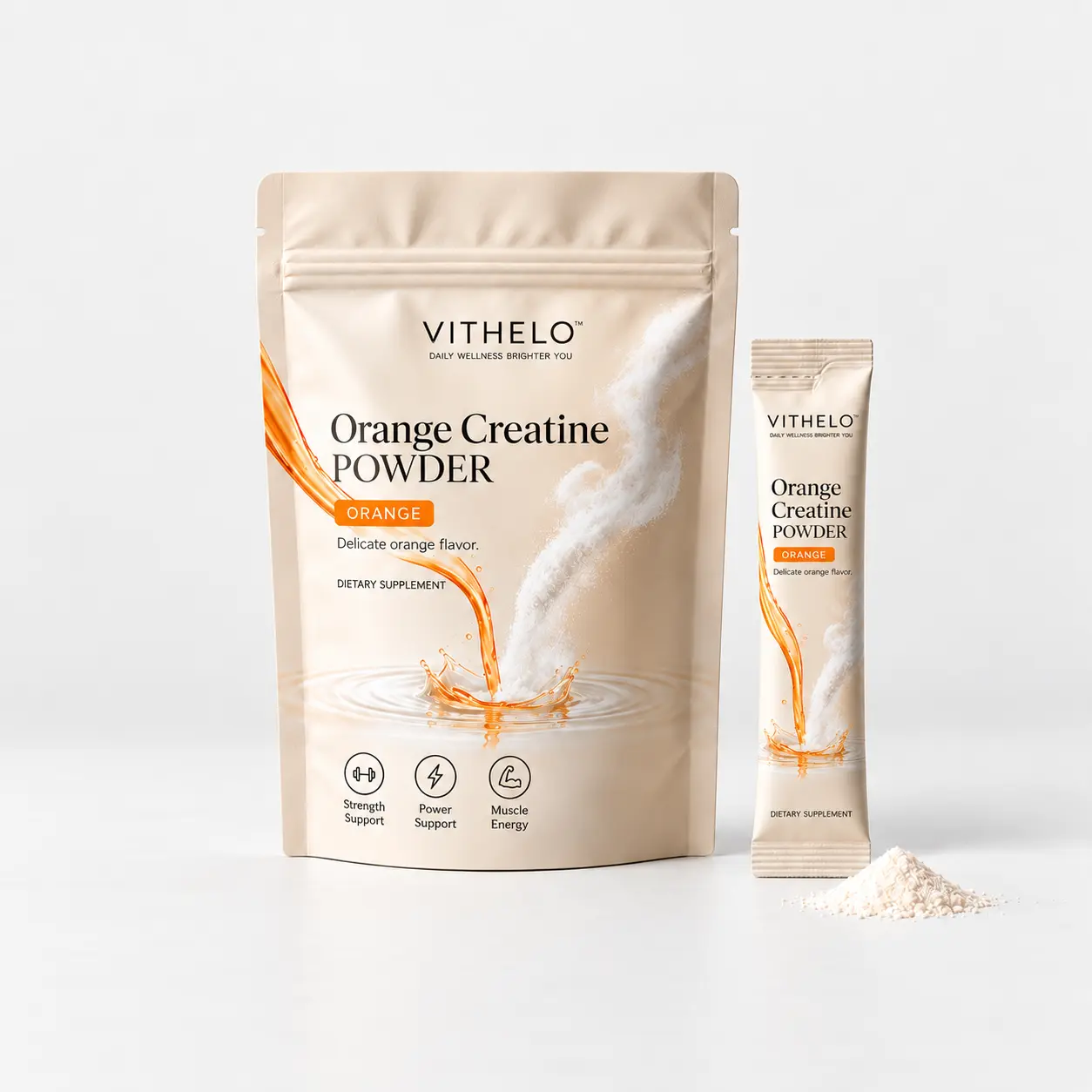 Orange Creatine Powder: product and packaging, stick packs in a pouch