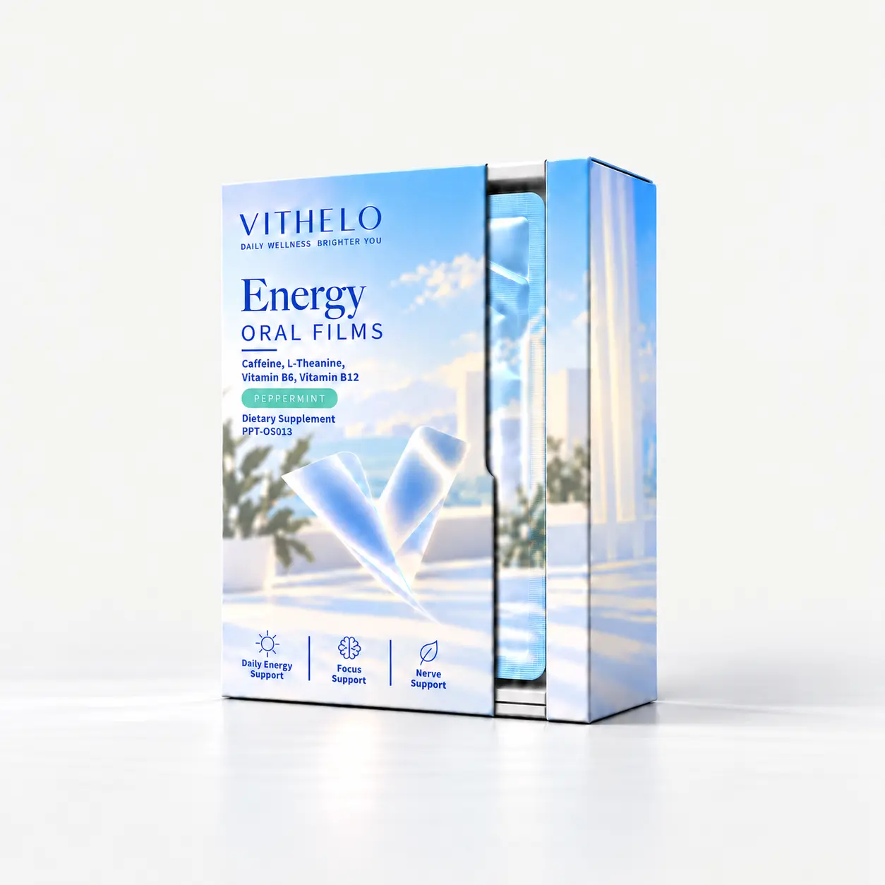 Energy Oral Strips: product and packaging, individual sachets in a carton