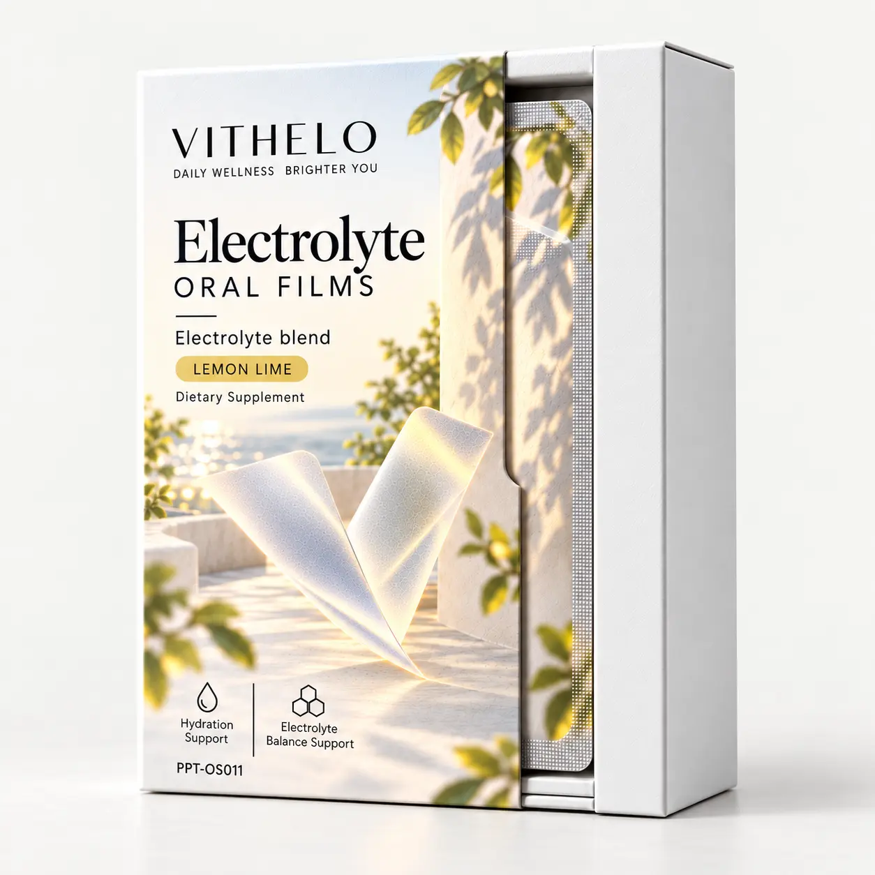 Electrolyte Oral Strips: label closeup on a light gray studio background