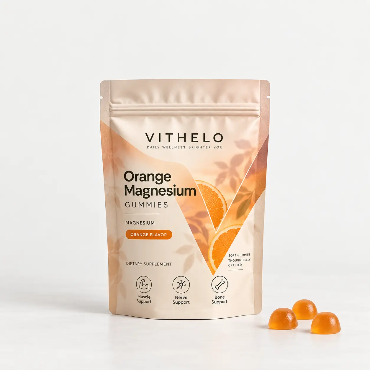 Orange Magnesium Gummies: product and packaging, pouch