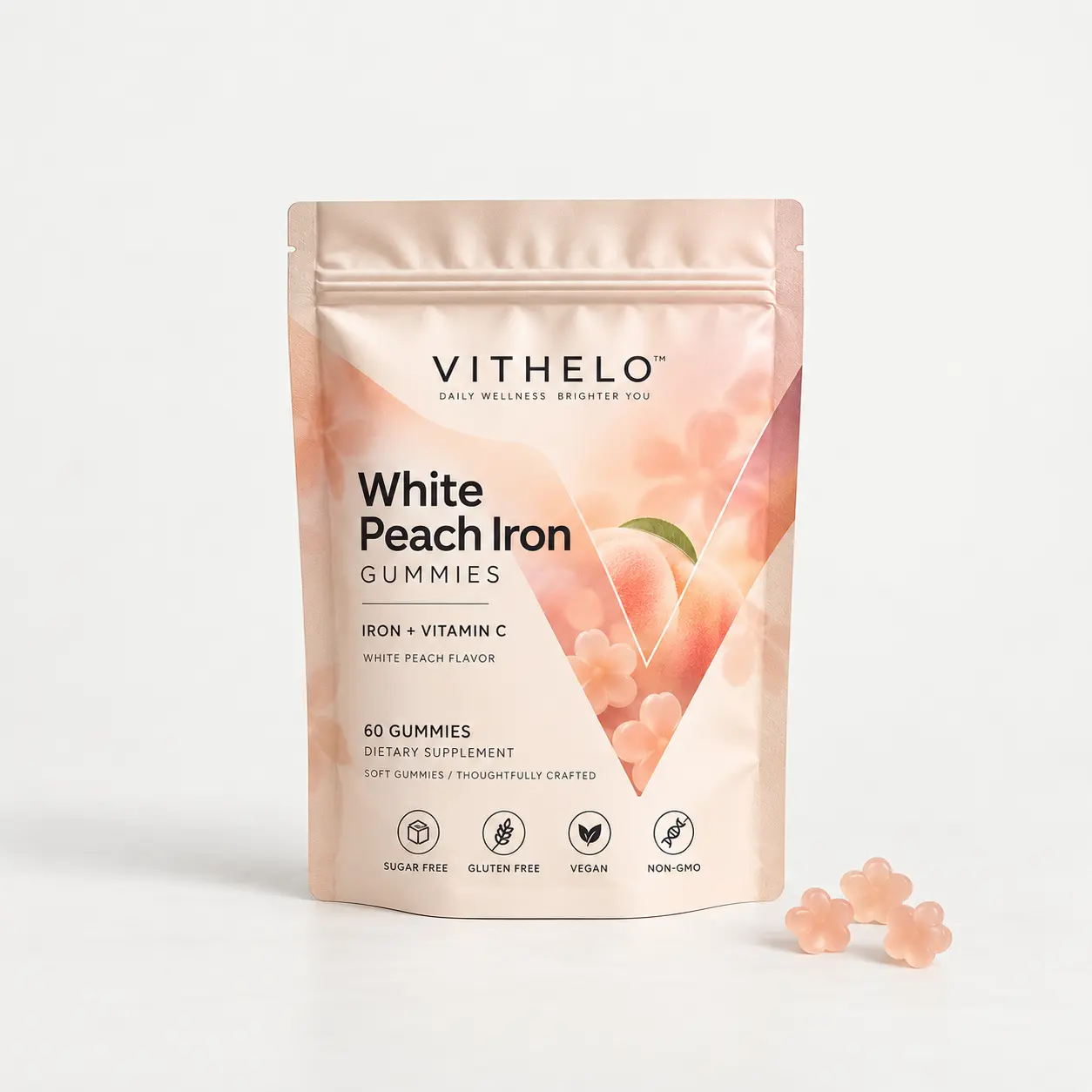 White Peach Iron Gummies: product and packaging, pouch