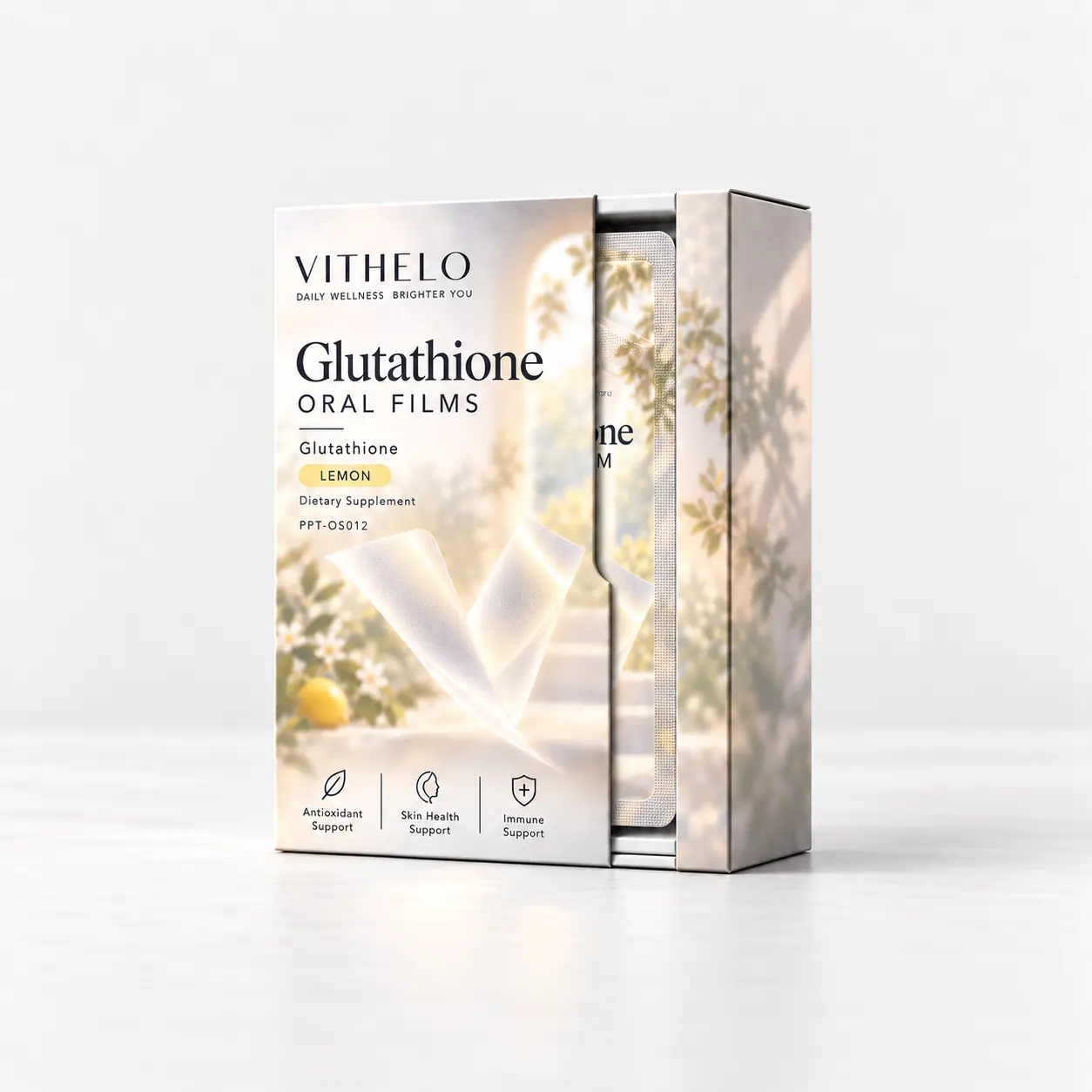 Glutathione Oral Strips: product and packaging, individual sachets in a carton