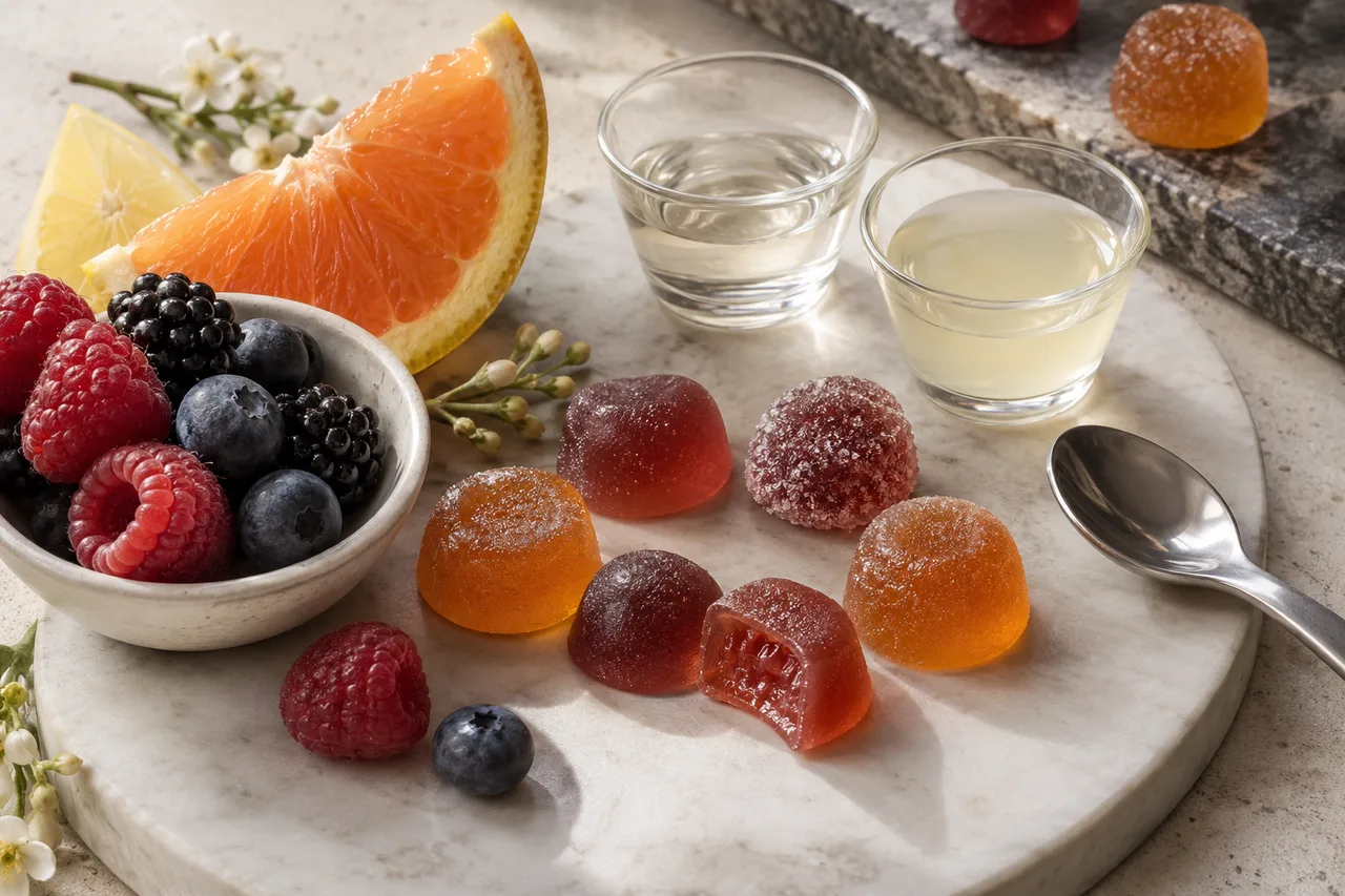fruit, tasting cups and gummies arranged for flavor and texture review