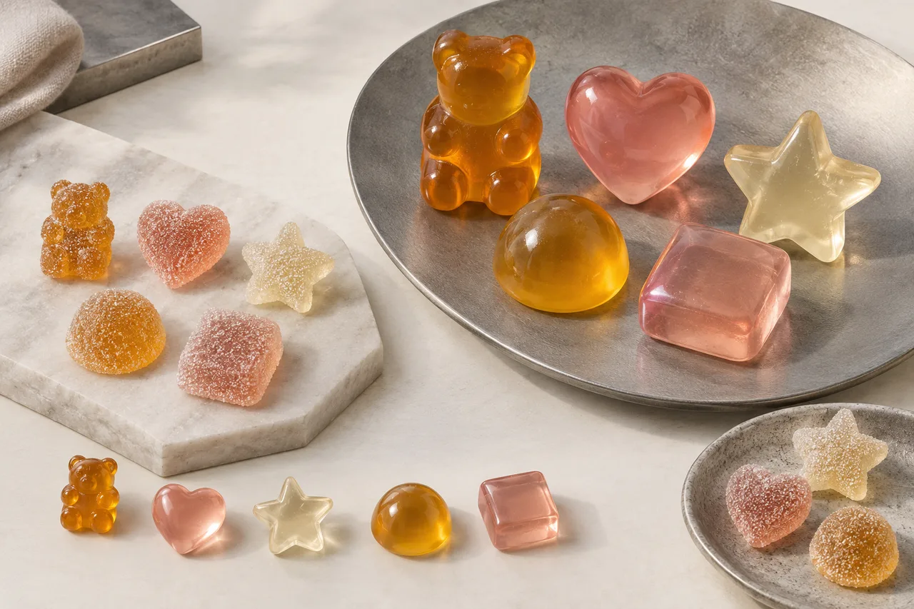gummy forms with varied silhouettes, proportions and smooth or coated finishes