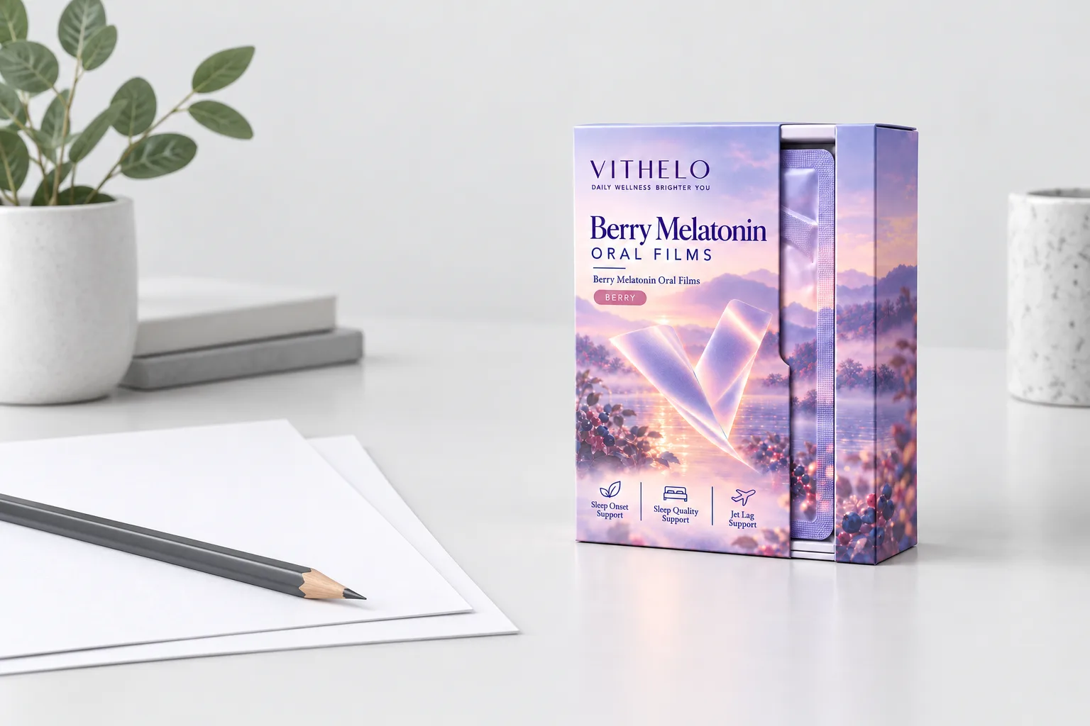 VITHELO oral film packaging beside blank planning sheets