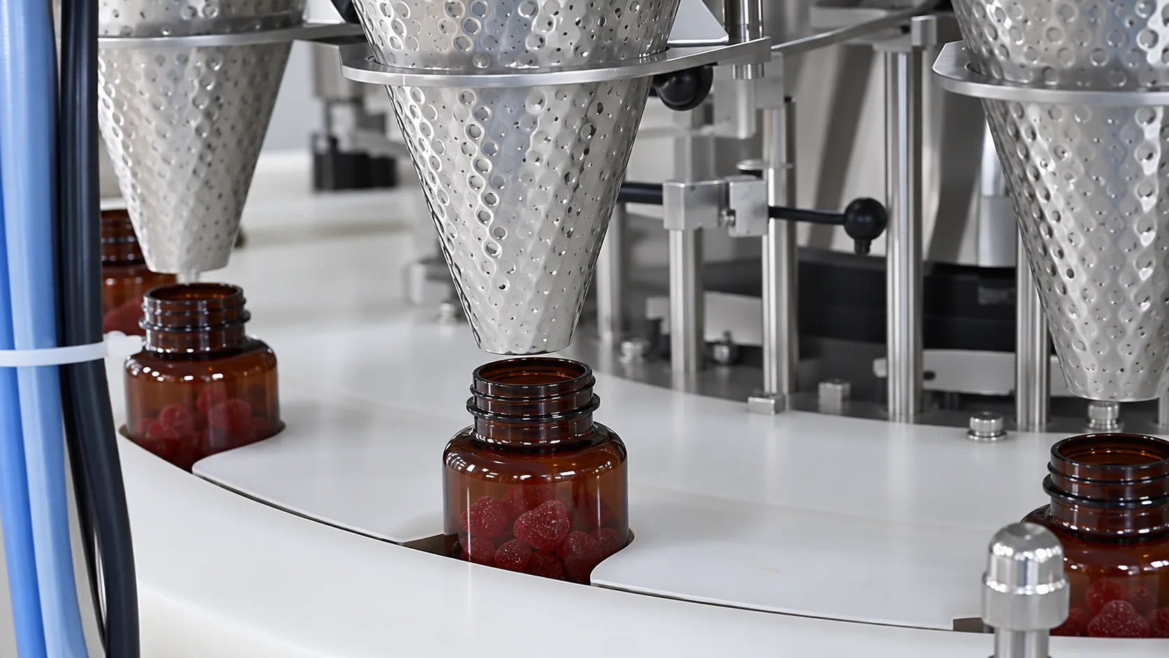 Stainless filling hoppers above amber jars