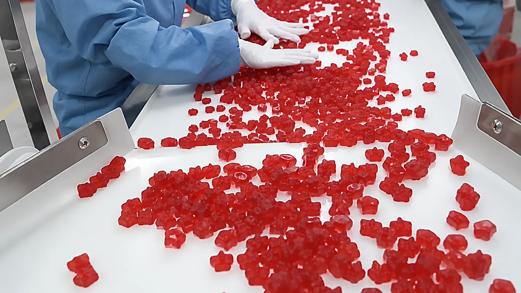 Gloved hands sorting red gummies on a white conveyor