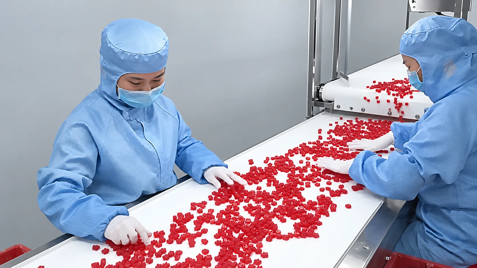 Operators in blue protective clothing sorting red gummies