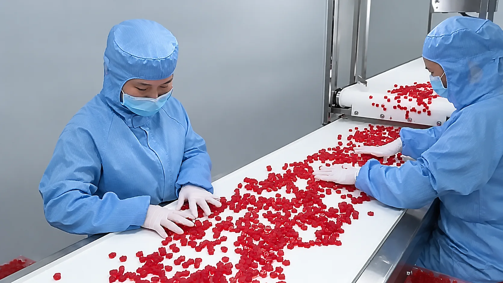 Operators in blue protective clothing sorting red gummies