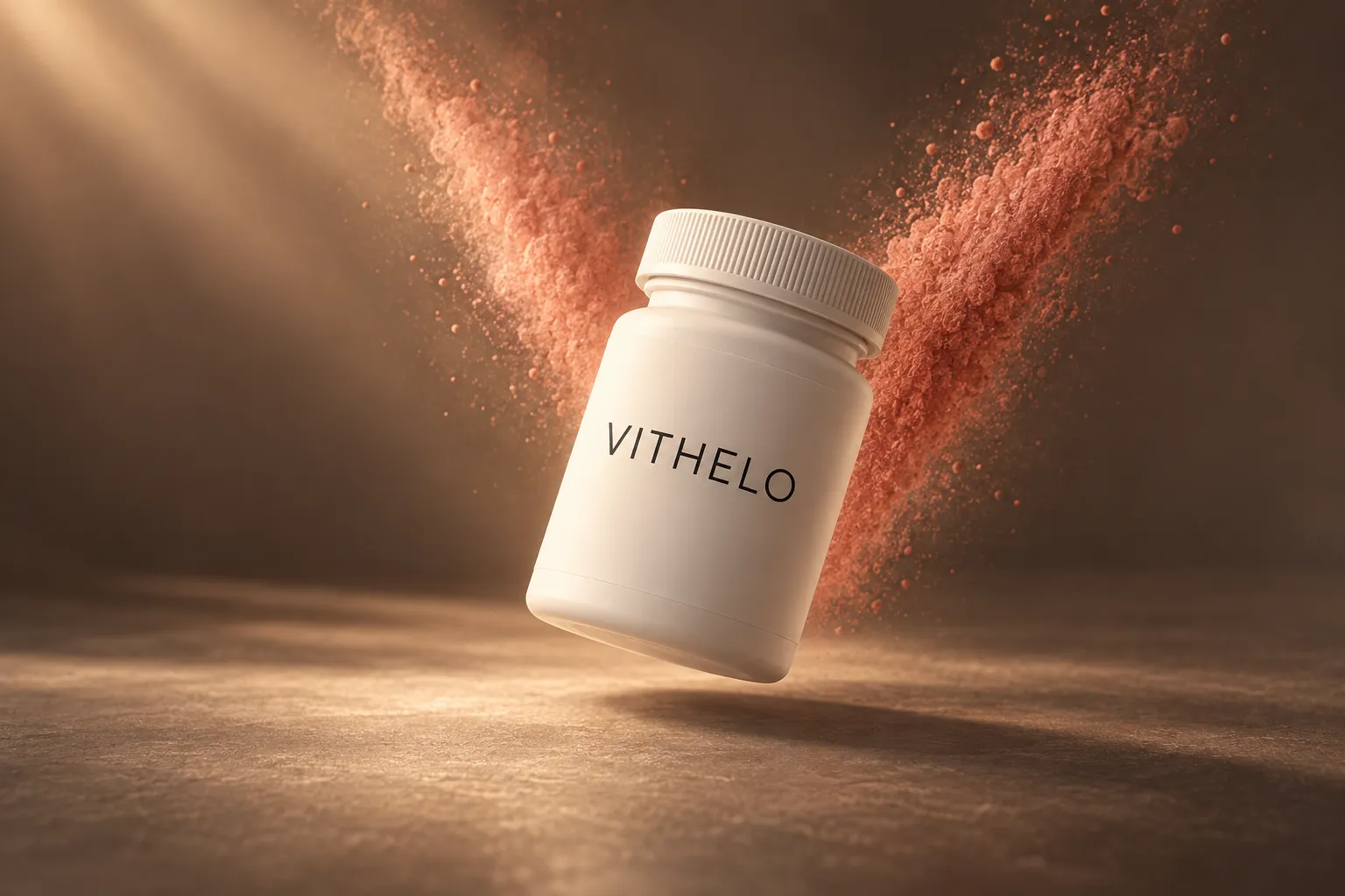 VITHELO bottle surrounded by a powdered product