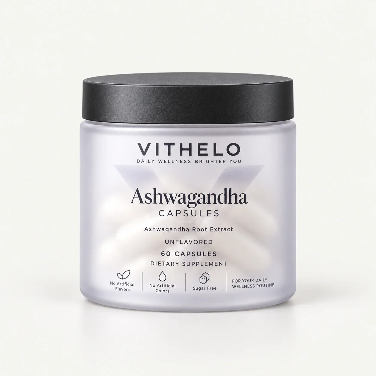 VITHELO Ashwagandha Root Extract Capsules cold-mist-white frosted bottle with graphite cap.