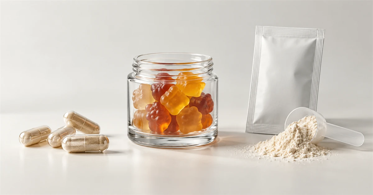 Unbranded capsule, gummy-shaped forms, sachet, and powder measure arranged as supplement format options.