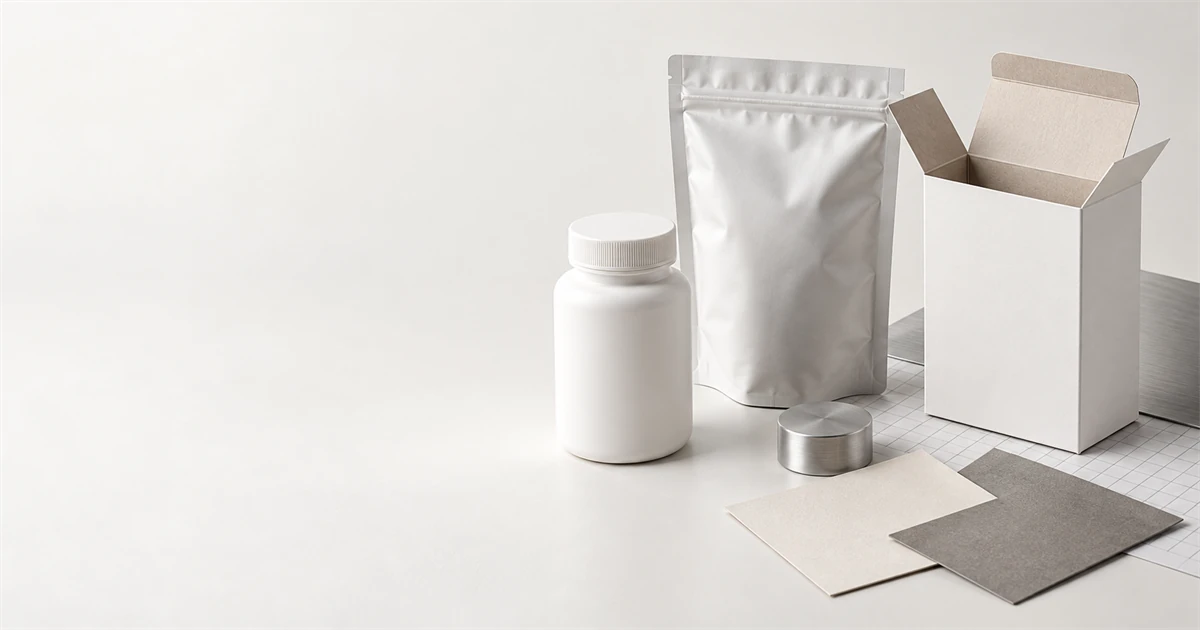 Unbranded bottle, pouch, carton, cap, and material swatches arranged as neutral packaging components.