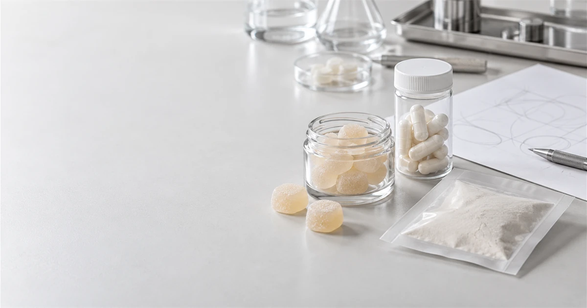 Unbranded containers with gummies, capsules, and powder samples beside an abstract review sheet.